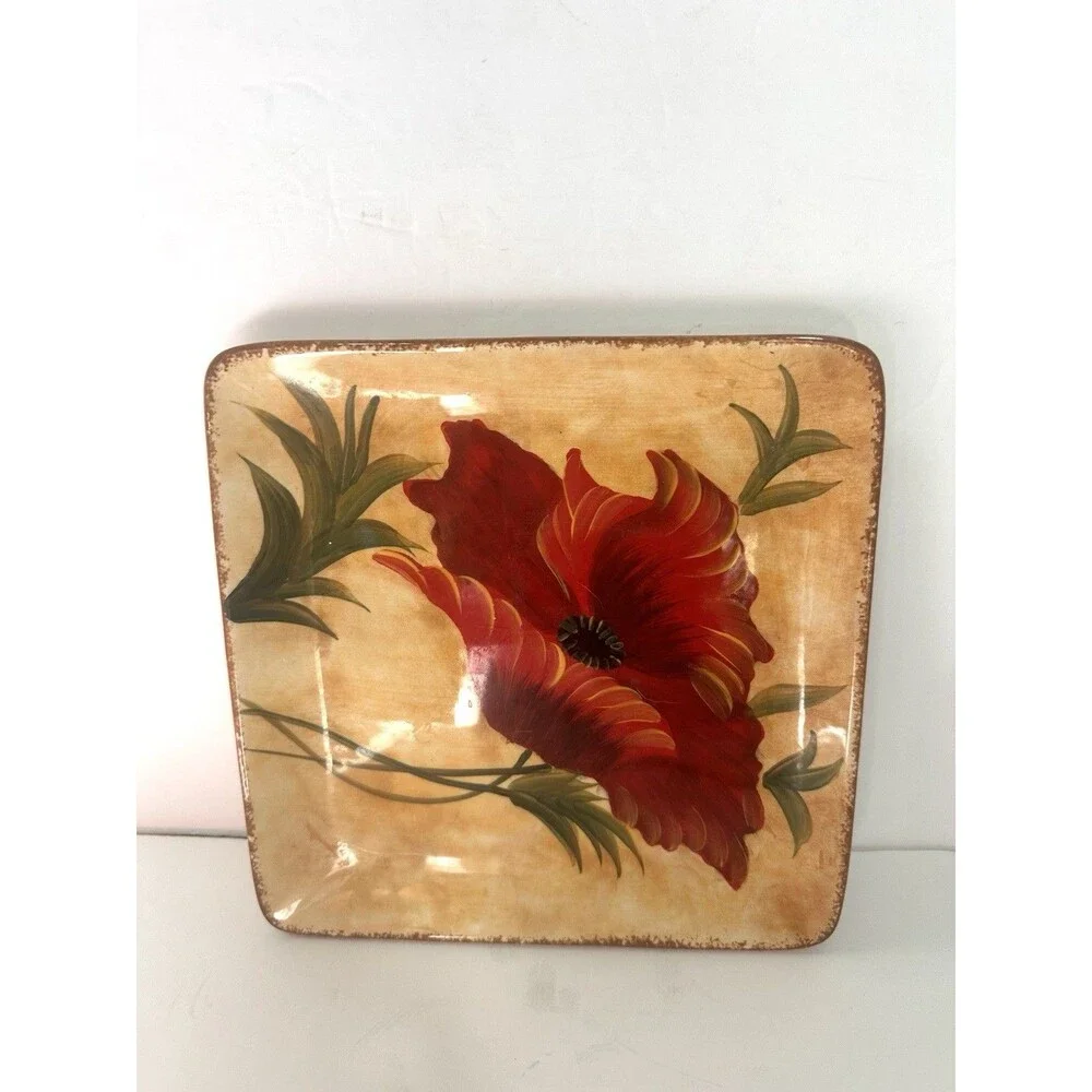 Pier 1 Imports Poppies Plates 8.5 In Hand Painted Earthenware Square Floral Red